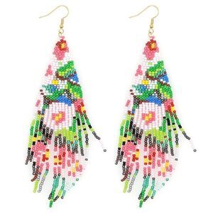 Flower Bohemian Seed Bead Tassel Dangling Statement French Wire Hook Earrings